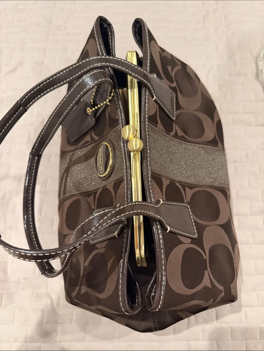 Coach F18036 Y2K Brown Signature Jacquard Kiss Lock Satchel with Gold Accents